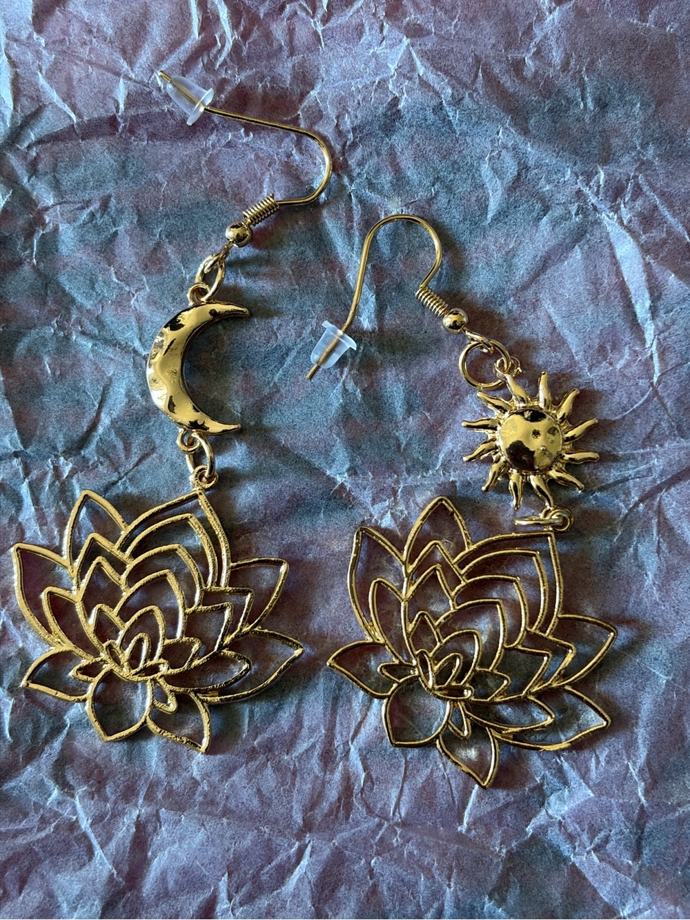 Gold Lotus Drop Earrings with Sun & Moon Charms